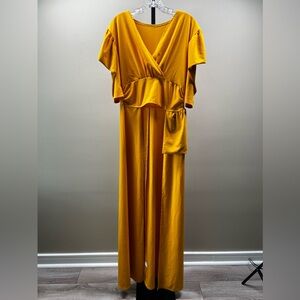 Yellow Mustard Long Tunic Summer Blouse Top Split Hem Shirt Puff Sleeve V Neck